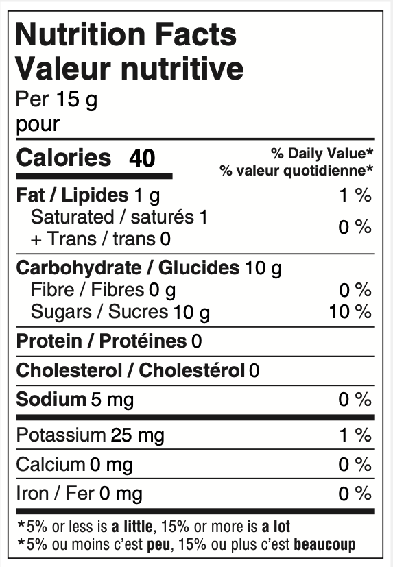 Coconut Syrup nutrition facts label