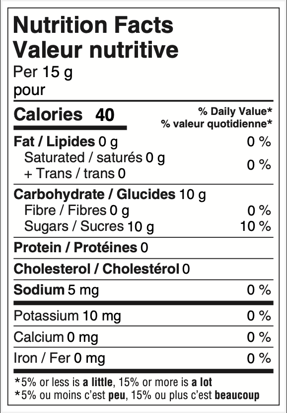 Hot Pepper Syrup nutrition facts label