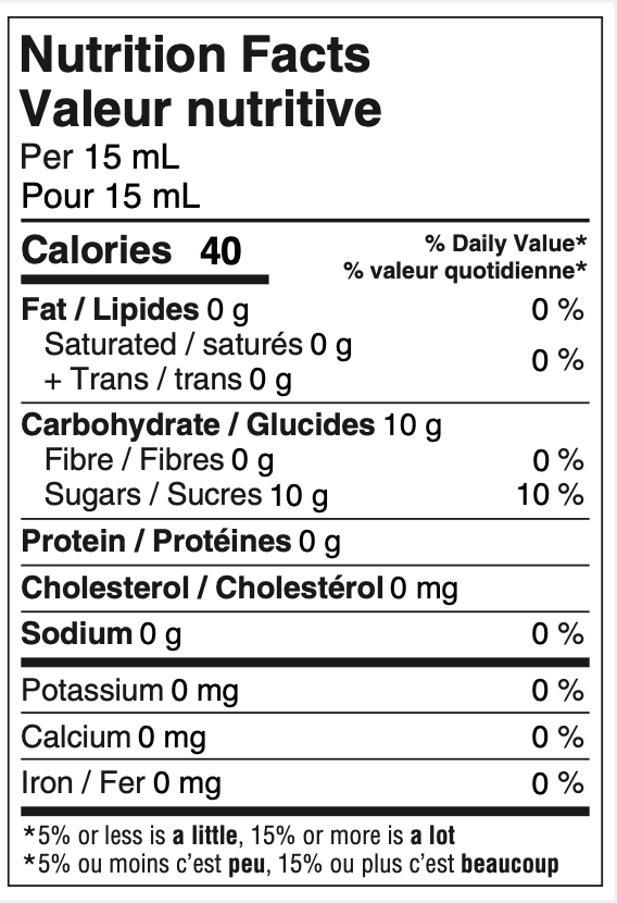 Symply Syrups nutrition facts label (375 ml)