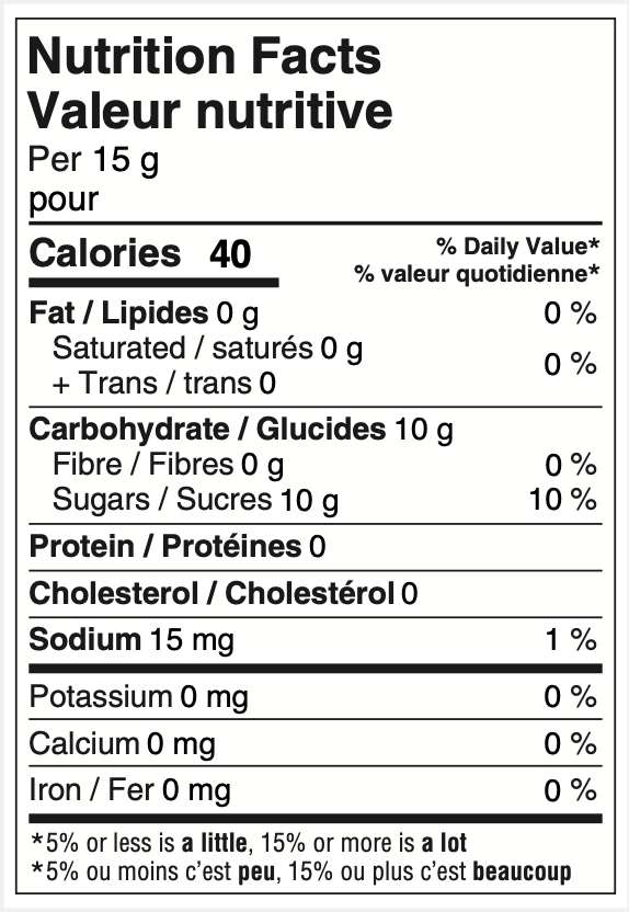 Salted Caramel Syrup nutrition facts label